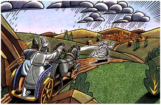 Elijah runs in front of King Ahab’s chariot to Jezreel, as God is about to send the promised rain