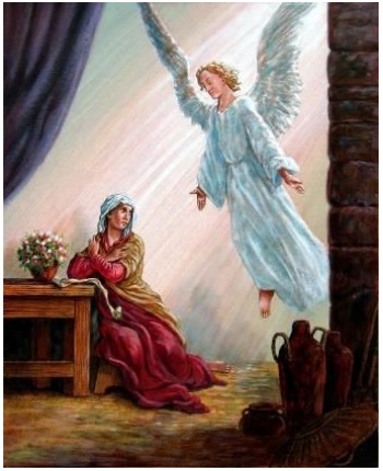 Mary praying, Gabriel flying
