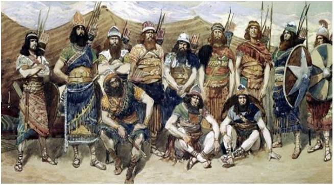Painting of twelve armoured men with spears and shields, and bows and arrows